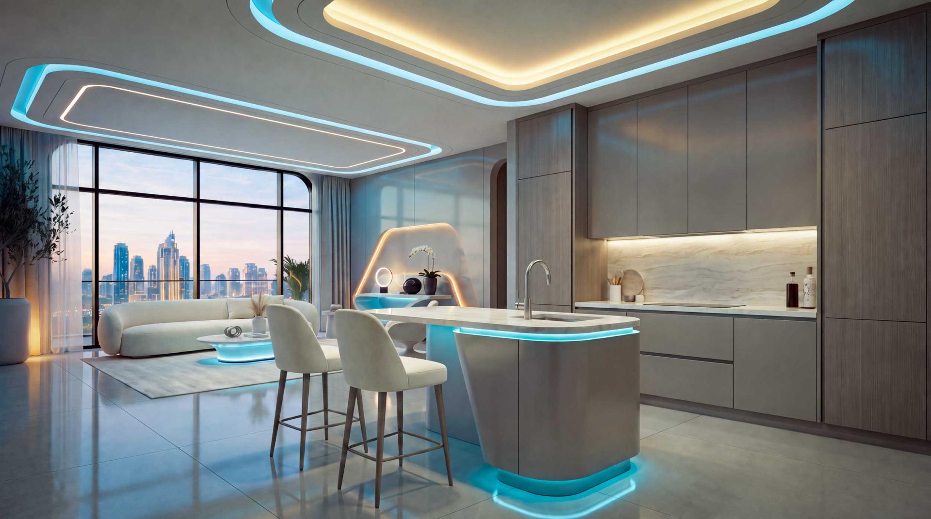 DOWNTOWN ONE kitchen and living space rendering